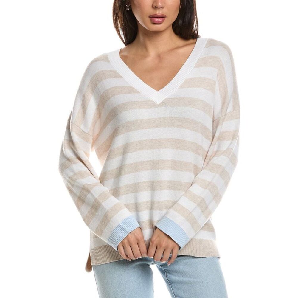 Forte Cashmere Womens High-Low Stripe V-Neck Cashmere-Blend Sweater, Beige